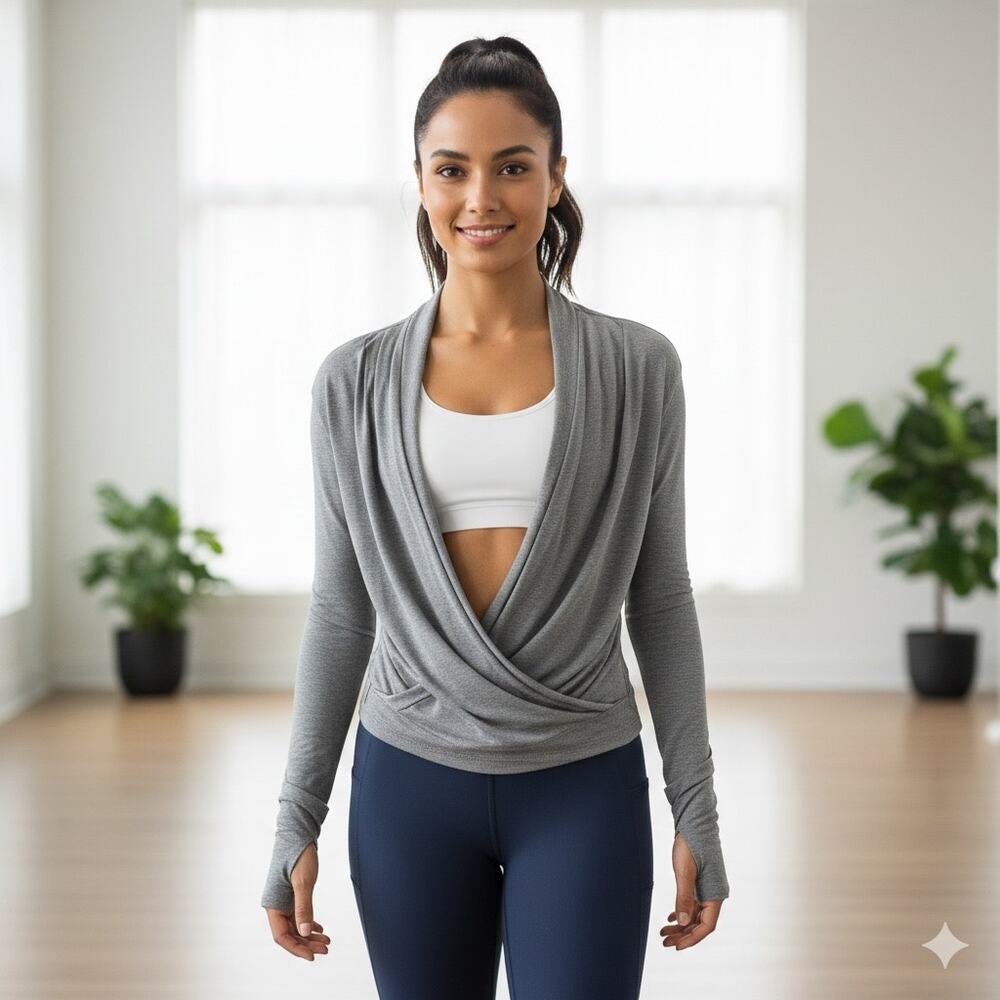 zyia Tan White Gray Hooded Active Haze Wrap Medium